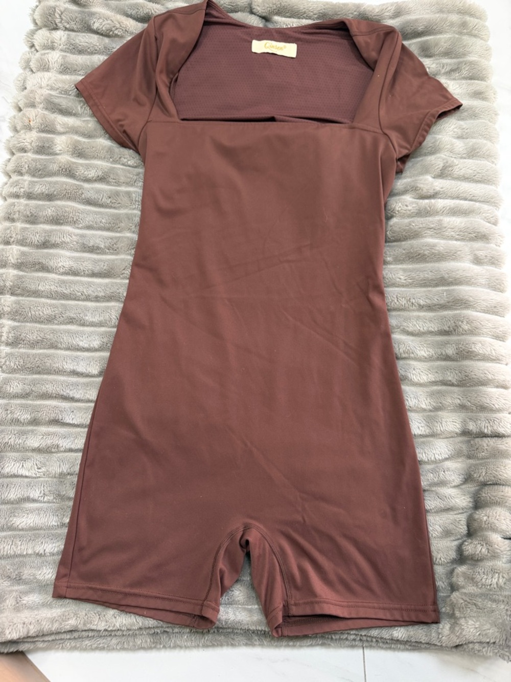 Square Neck Short Sleeve Romper in Rich Cocoa